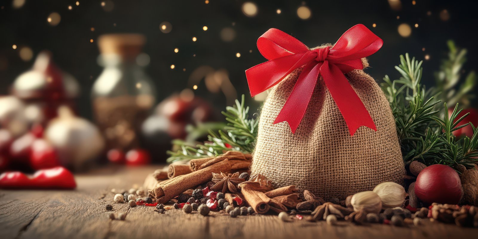 Decorative holiday gift bag surrounded by spices and festive decorations for a cozy winter atmosphere